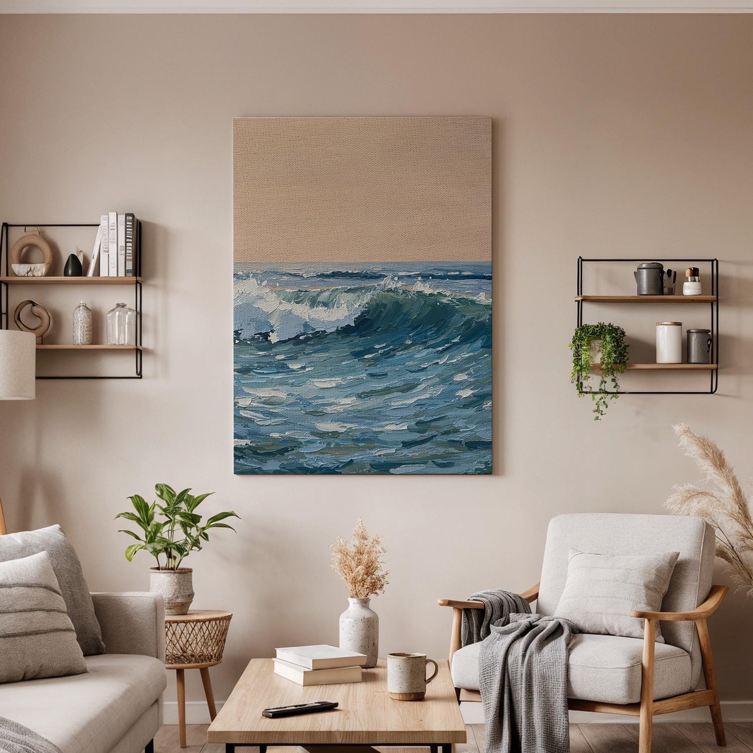 Ocean Wave Canvas Wall Art, Seascape Painting Print, Blue Coastal Artwork, Framed Minimal Beach Decor for Living Room Bedroom or Office