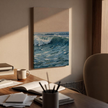 Ocean Wave Canvas Wall Art, Seascape Painting Print, Blue Coastal Artwork, Framed Minimal Beach Decor for Living Room Bedroom or Office